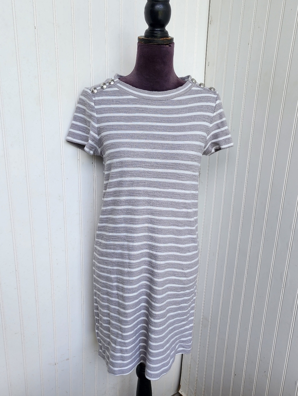 Loft Womens Gray White Stripe Textured Short Sleeve T-Shirt Dress Buttons Sz S